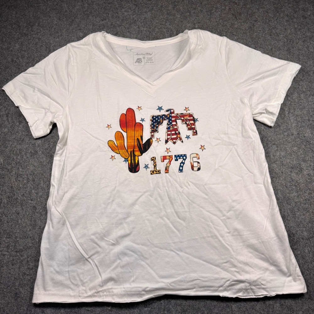 American Bling Womens 2XL White V-Neck T-Shirt 1776 Cactus‎ Thunderbird Graphic